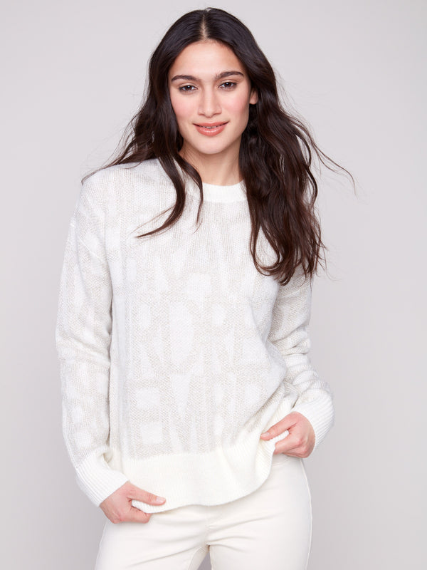 Off-white jacquard sweater with a classic crew neck, perfect for a cozy and stylish look by Charlie B.
