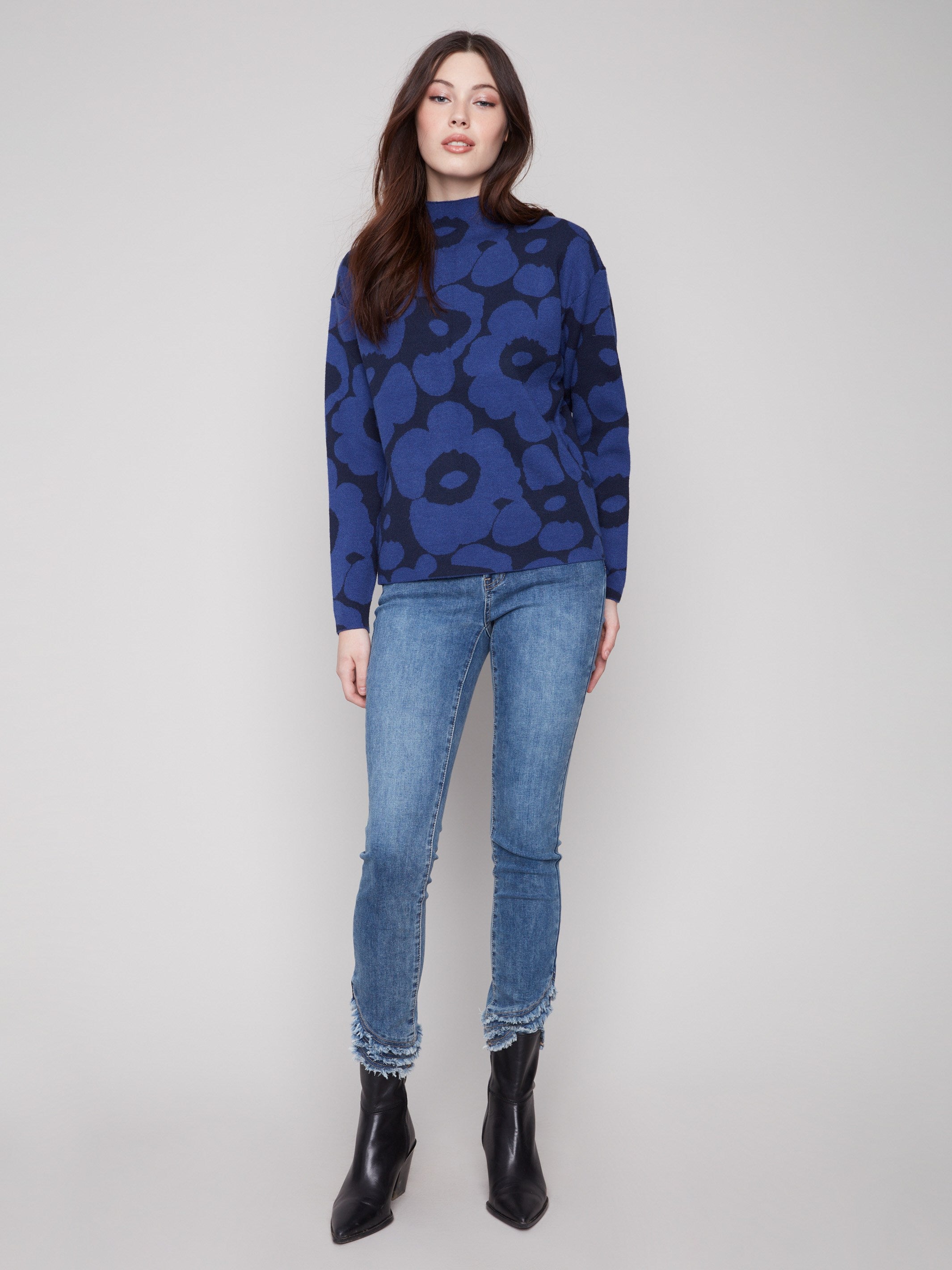 Stylish blue aura floral-patterned jacquard sweater with exquisite detailing by Charlie B.