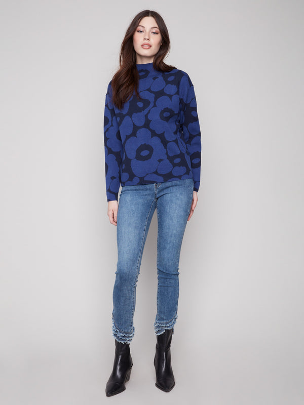 Stylish blue aura floral-patterned jacquard sweater with exquisite detailing by Charlie B.