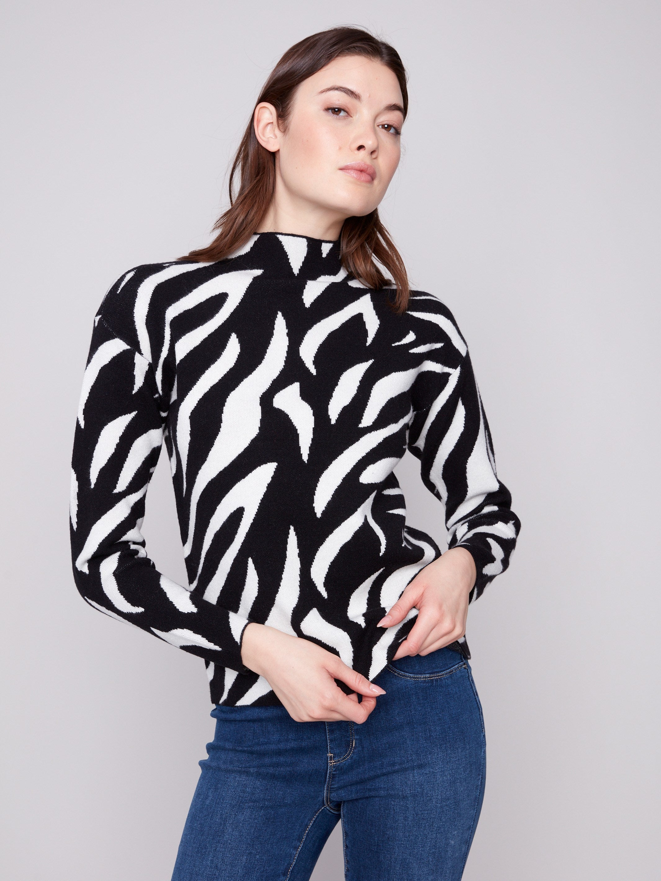 Zebra-patterned jacquard sweater featuring a chic mock neck and slim fit design, ideal for stylish layering by Charlie B.
