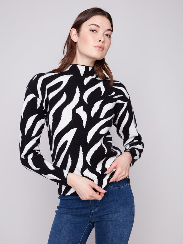 Zebra-patterned jacquard sweater featuring a chic mock neck and slim fit design, ideal for stylish layering by Charlie B.