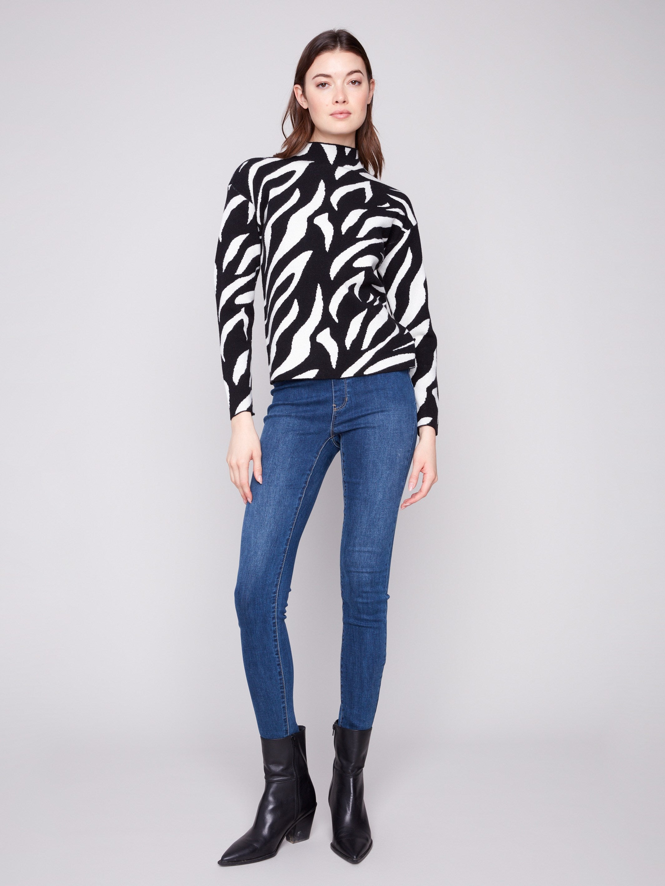 Sophisticated slim fit zebra-print jacquard sweater with elegant long sleeves, adding flair to any outfit by Charlie B.