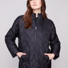 Black puffer jacket featuring a stylish drop shoulder design, perfect for a chic and relaxed look by Charlie B.