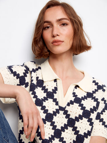 Fashionable crochet top with a Johnny collar in navy and cream, perfect for any occasion by Charlie B.