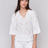 Johnny collar sweater with intricate pointelle design by Charlie B.