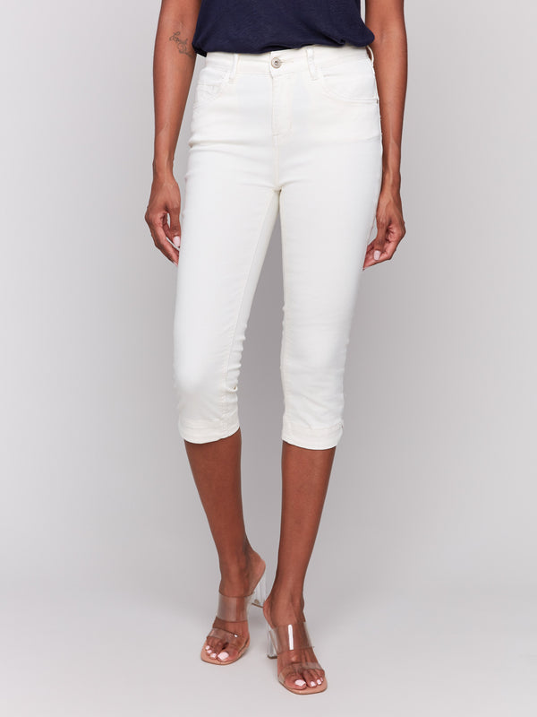 Stretch twill fabric with a regular rise in natural capris by Charlie B.