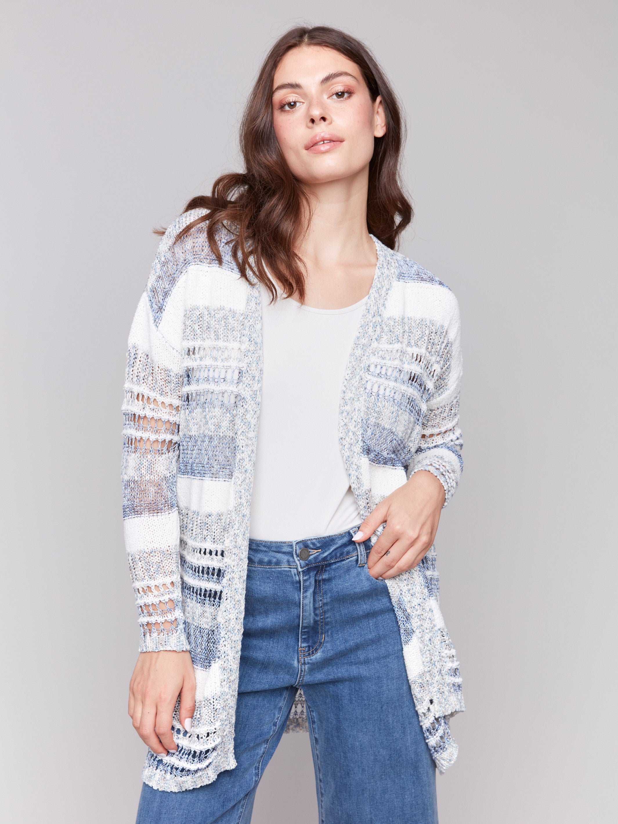 Knit fabric cardigan with a striped pattern in denim hues by Charlie B.