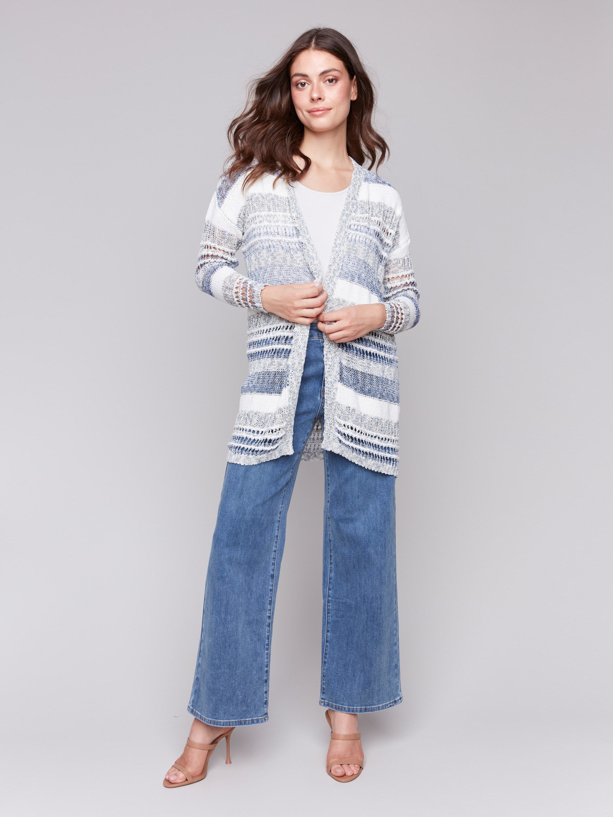 Striped cardigan featuring long sleeves and an open-front style by Charlie B.