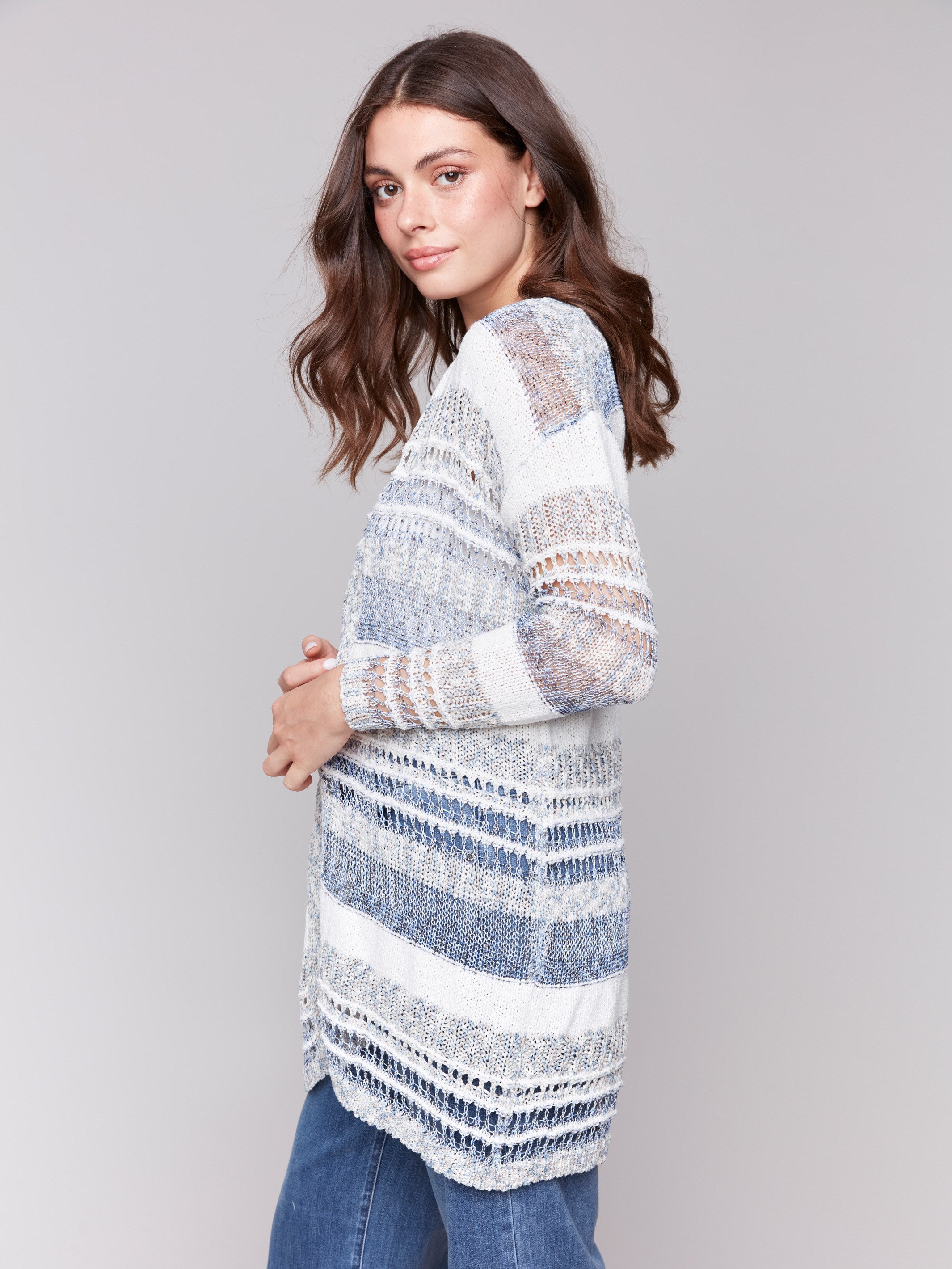 Denim-hued cardigan showcasing a knit fabric and long sleeves by Charlie B.