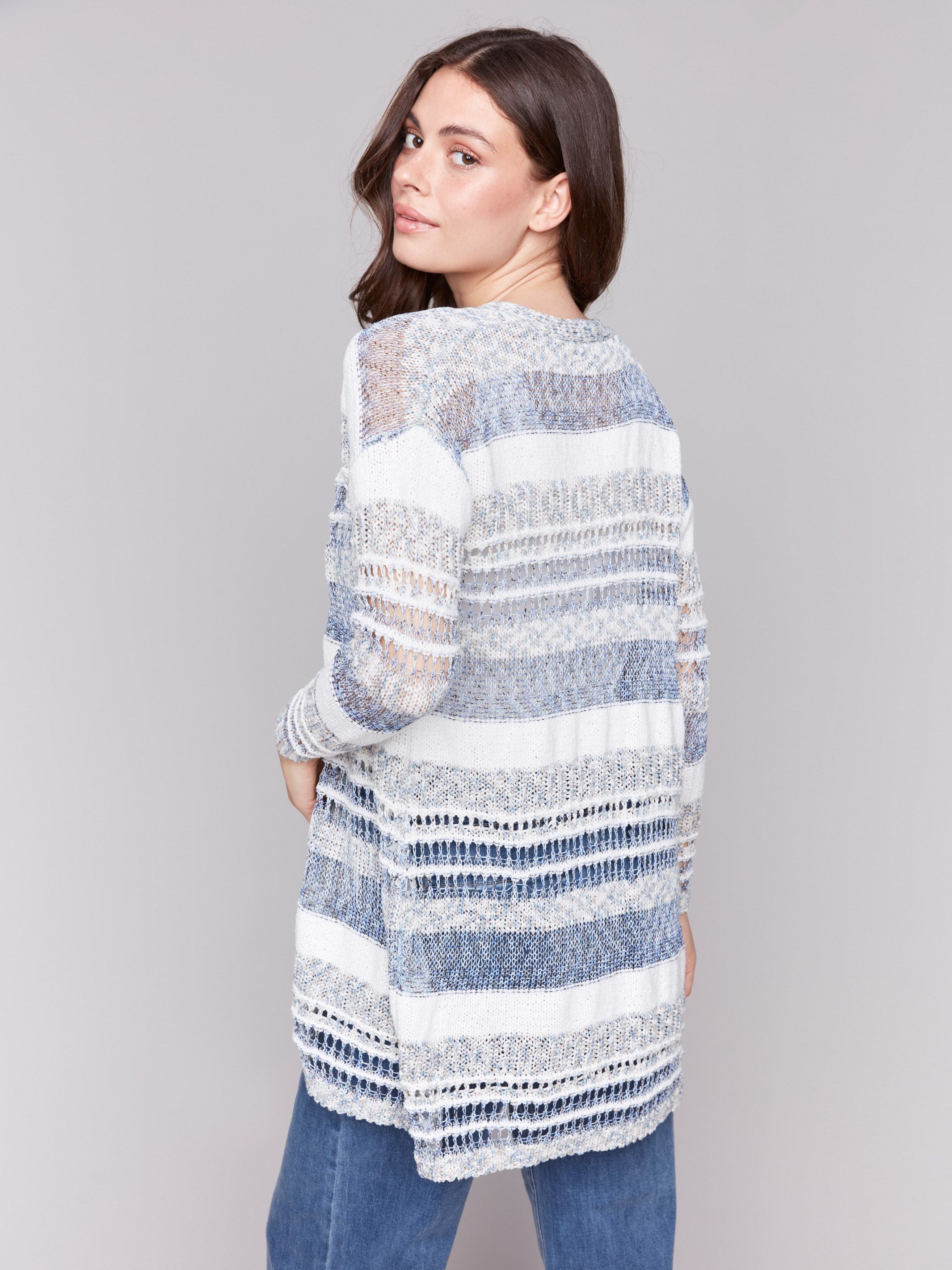 Stylish open-front cardigan with a classic striped design by Charlie B.