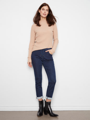 Denim jogger pants featuring a slim fit and five-pocket design, perfect for casual outings by Charlie B.