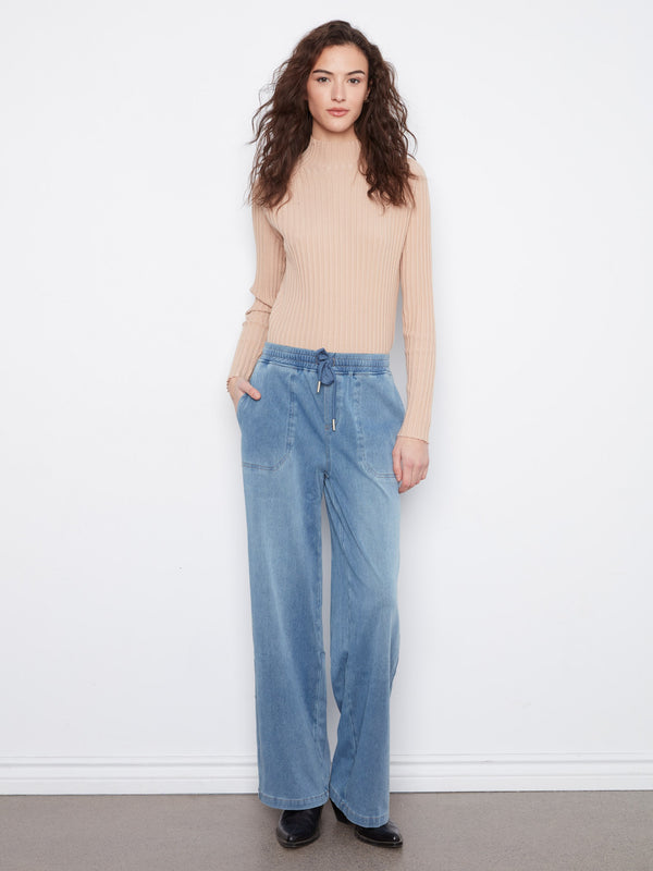 Knit Denim Wide Leg Jogger Pants - Medium Blue