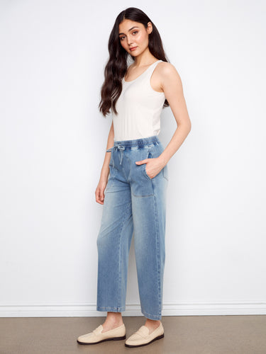 Denim joggers in medium blue with cropped length and stylish design by Charlie B.