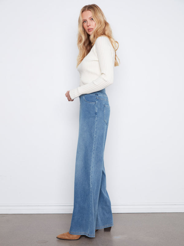 Knit Denim Wide Leg Pull-On Pants - Medium Blue