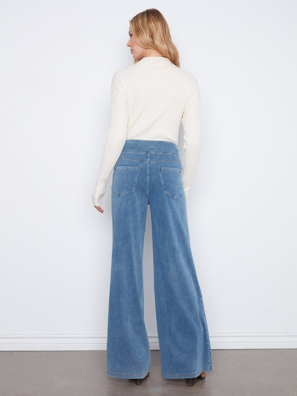 Knit Denim Wide Leg Pull-On Pants - Medium Blue