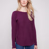 Berry knit sweater featuring a chic boat neck design and rounded hem by Charlie B.
