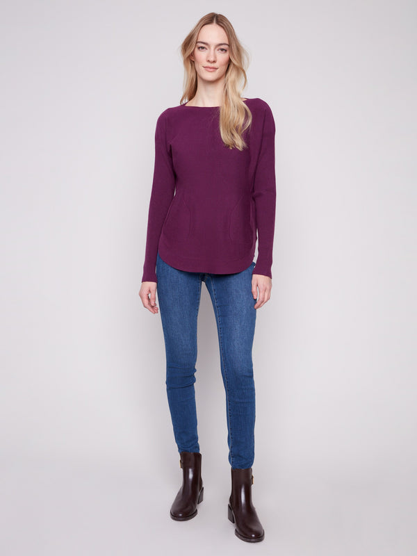 Elegant berry knit sweater with long ribbed sleeves and stylish front pockets by Charlie B.