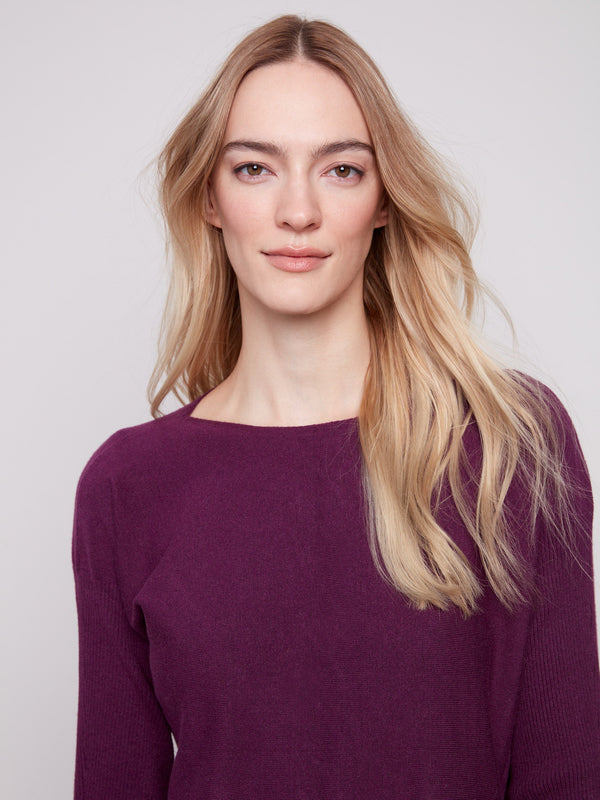 Sophisticated berry knit sweater with a flattering round hem and boat neck by Charlie B.