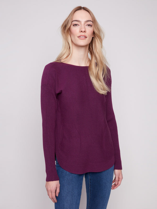 Knit Sweater With Back Lace-Up Detail - Berry