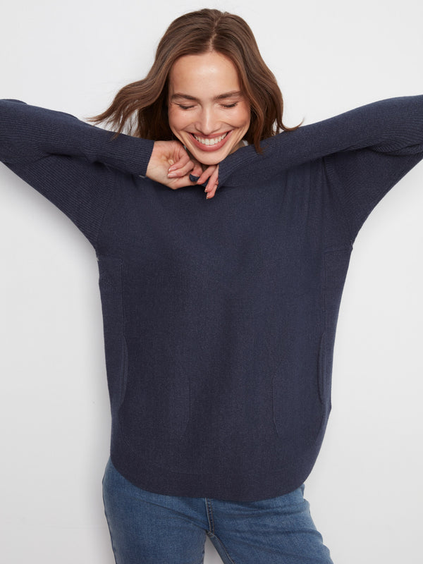 Knit Sweater With Back Lace-Up Detail - Heather Denim