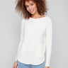Ecru knit sweater featuring a stylish boat neck and round hem, perfect for any occasion by Charlie B.