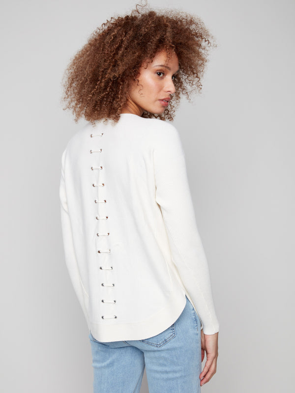 Chic ecru sweater with elegant back lace-up eyelet details adding a unique touch by Charlie B.