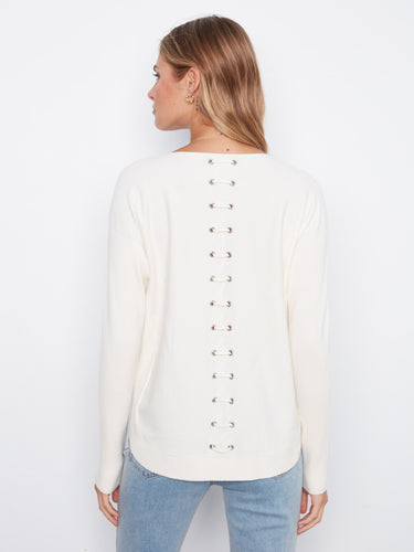 Elegant back lace-up eyelet details enhance the unique style of this cozy sweater. Crafted with care by Charlie B.