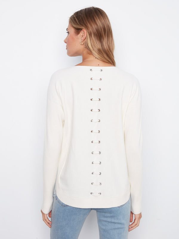 Knit Sweater With Back Lace-Up Detail - Ecru