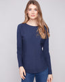 Heather denim knit sweater featuring a stylish boat neck design for a casual look by Charlie B.
