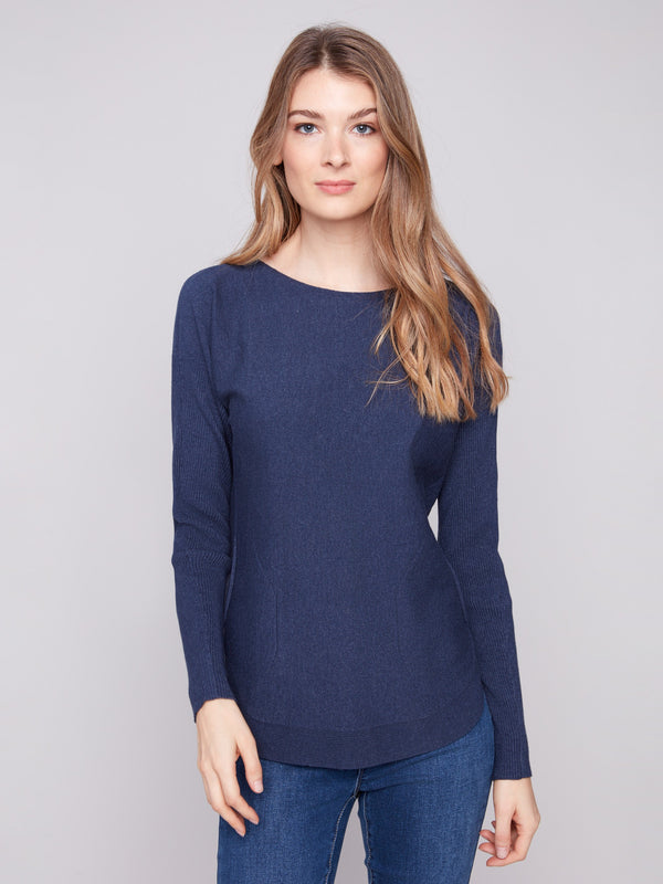 Heather denim knit sweater featuring a stylish boat neck design for a casual look by Charlie B.