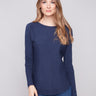 Heather denim knit sweater featuring a stylish boat neck design for a casual look by Charlie B.