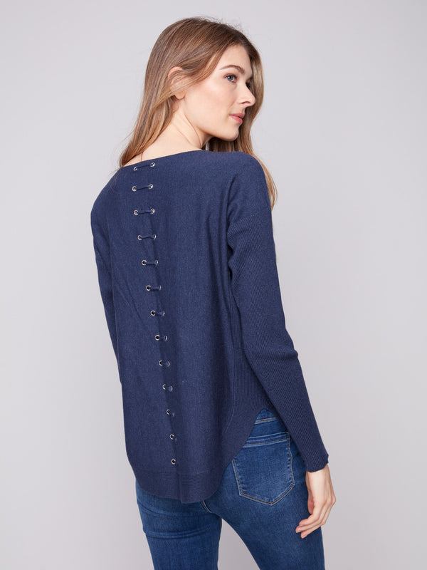 Denim knit sweater with unique back lace-up eyelet details adding flair to the design by Charlie B.