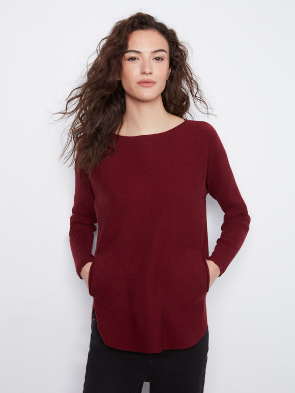 Knit Sweater With Back Lace-Up Detail - Merlot