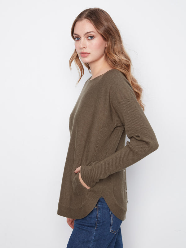 Knit Sweater With Back Lace-Up Detail - Heather Moss