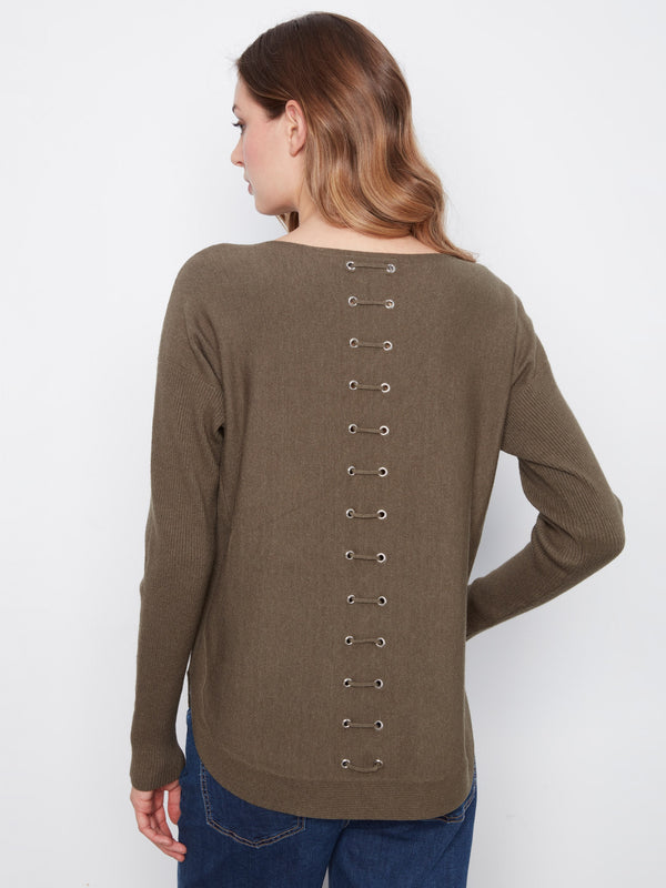 Knit Sweater With Back Lace-Up Detail - Heather Moss