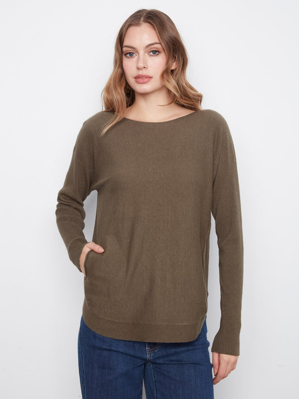 Knit Sweater With Back Lace-Up Detail - Heather Moss