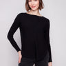 Black knit sweater featuring a stylish boat neck and rounded hem by Charlie B.