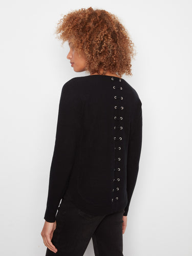 Elegant black knit sweater with eye-catching back lace-up eyelet details, adding a unique touch by Charlie B.