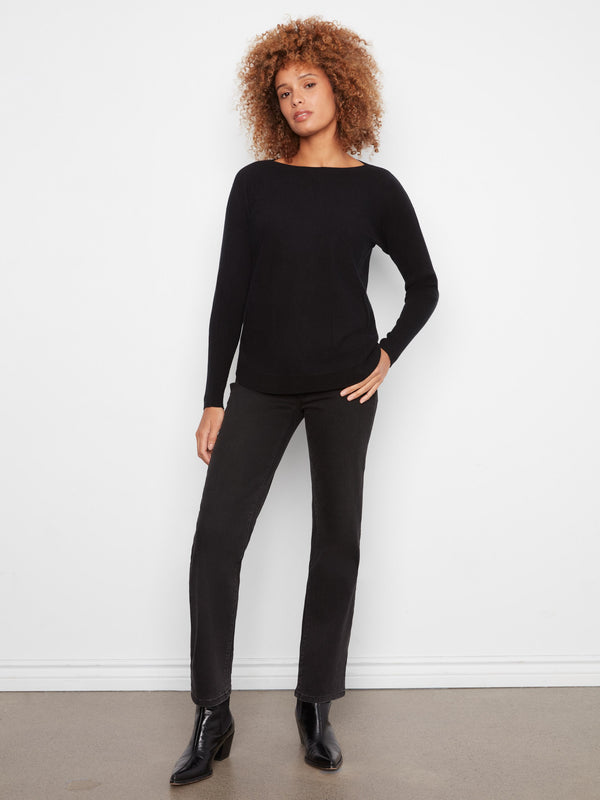 Knit Sweater With Back Lace-Up Detail - Black