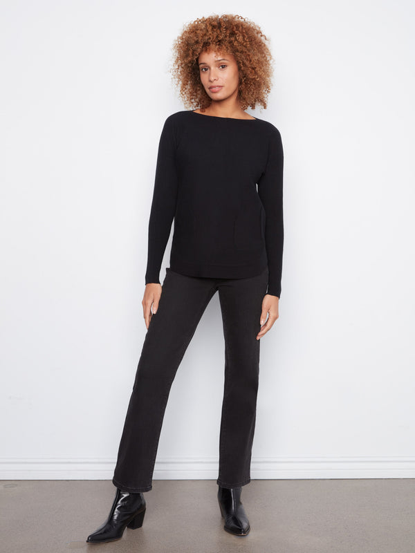 Knit Sweater With Back Lace-Up Detail - Black