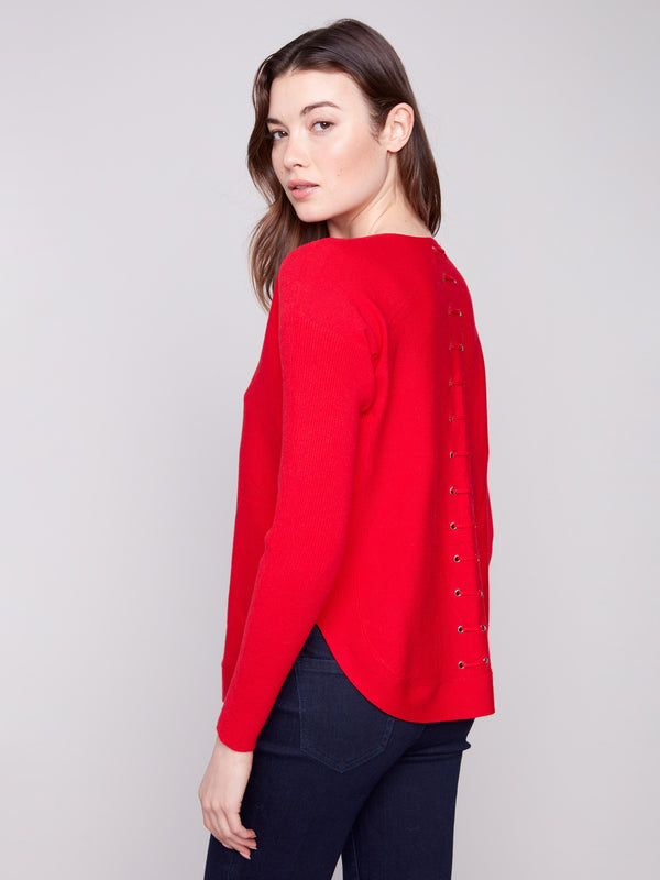 Stylish rounded hem on this crimson knit sweater creates a flattering silhouette for all body types by Charlie B.