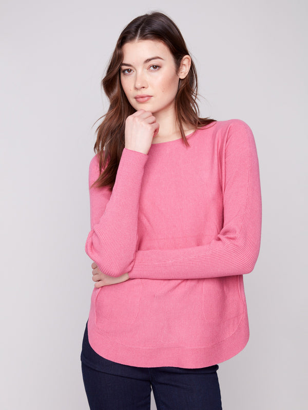 Heather rose knit sweater with a stylish boat neck, featuring long ribbed sleeves for a cozy fit by Charlie B.
