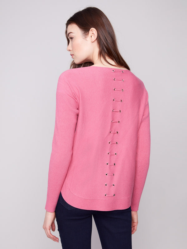 Chic heather rose sweater showcasing intricate back lace-up eyelet details for added elegance by Charlie B.