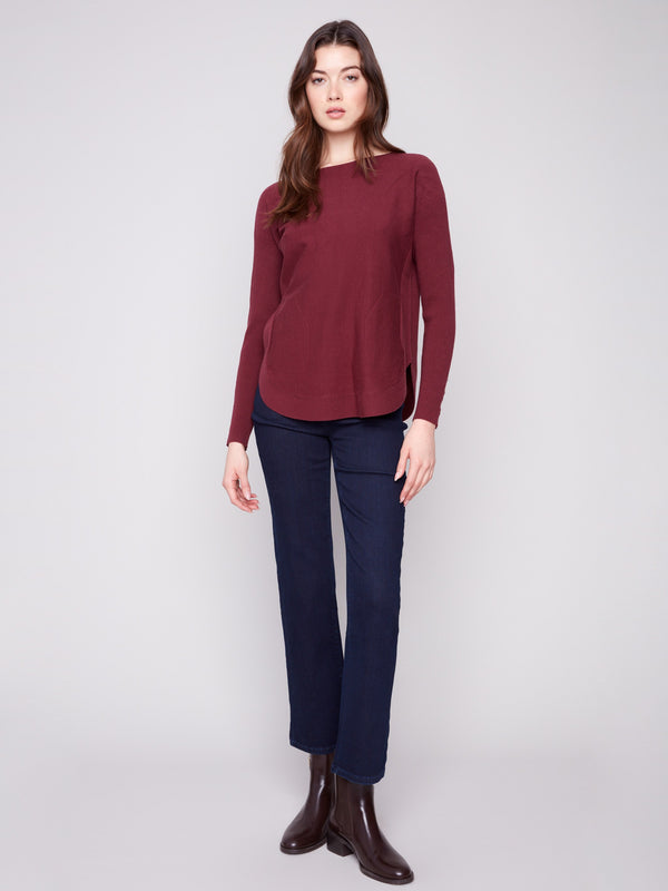 Knit Sweater With Lace-Up Cuffs - Cabernet