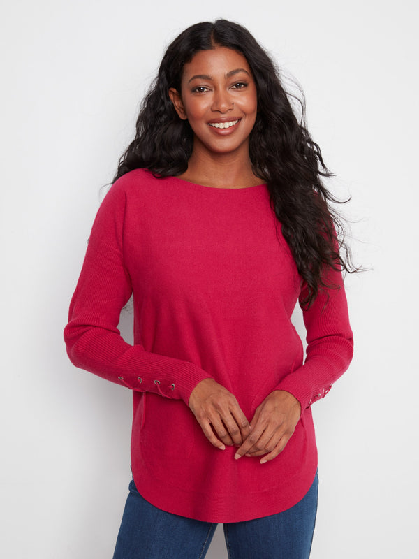 Knit Sweater With Lace-Up Cuffs - Cherry