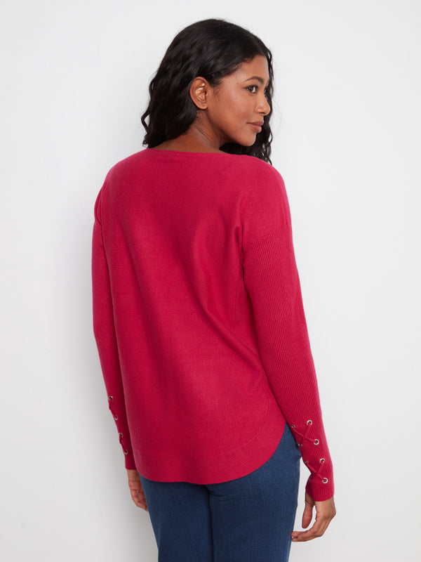 Knit Sweater With Lace-Up Cuffs - Cherry