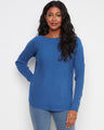 Blue sweater with a stylish boat neck design, perfect for a casual yet chic look. Made from soft material for comfort by Charlie B.