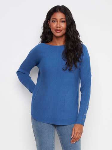 Blue sweater with a stylish boat neck design, perfect for a casual yet chic look. Made from soft material for comfort by Charlie B.