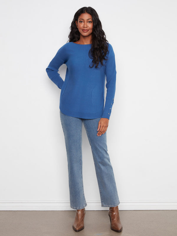 Knit Sweater With Lace-Up Cuffs - Cobalt
