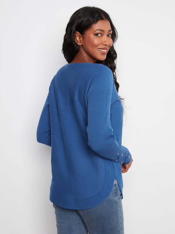 Knit Sweater With Lace-Up Cuffs - Cobalt
